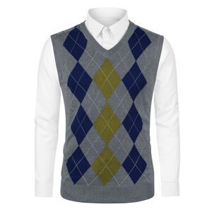 Casual Argyle Vest Sweater V Neck Slim Fit Sleeveless Knit Pullover Gray